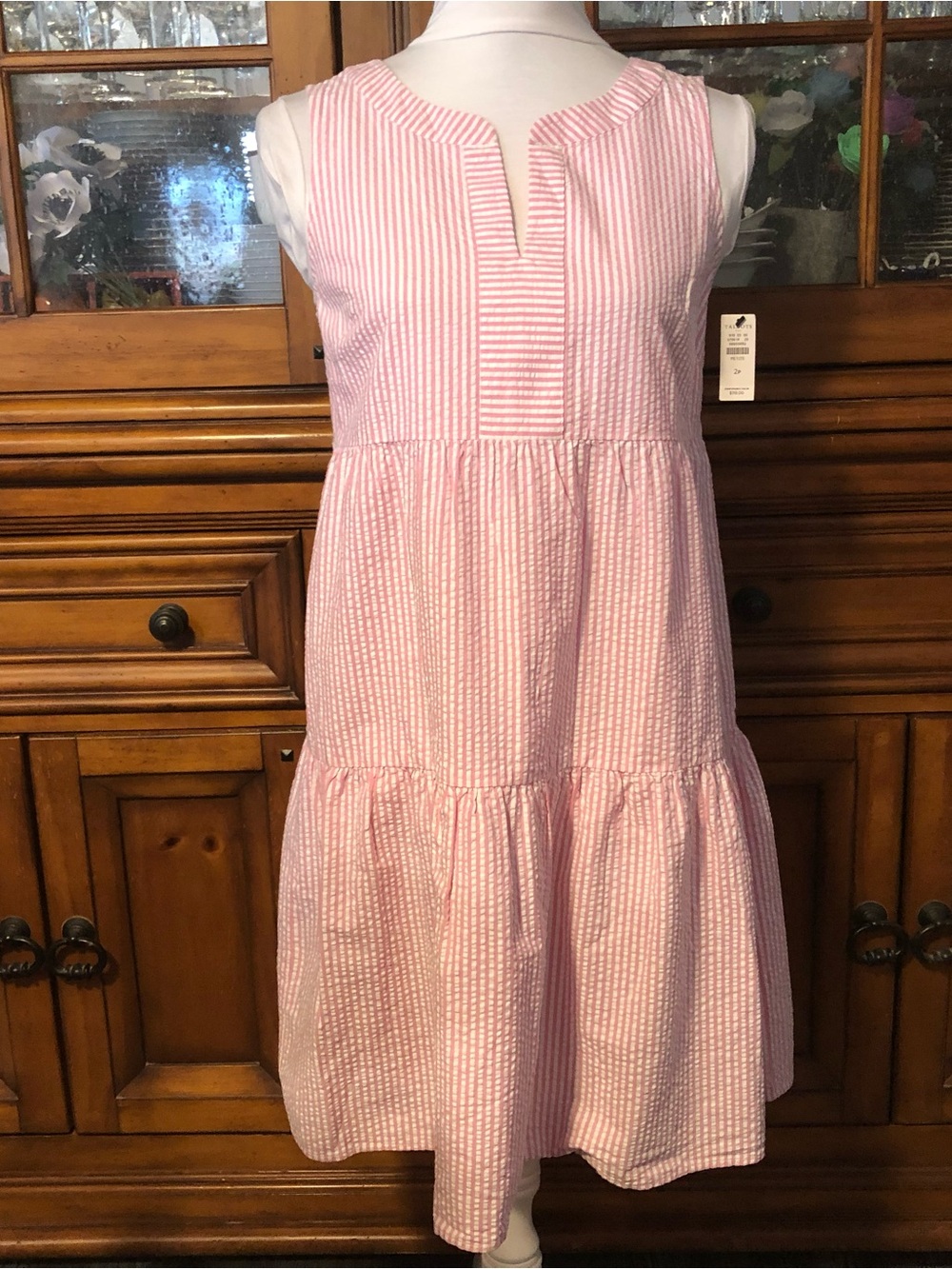 NWT Talbots Pink Striped Sleeveless Tiered Seersucker Dress
